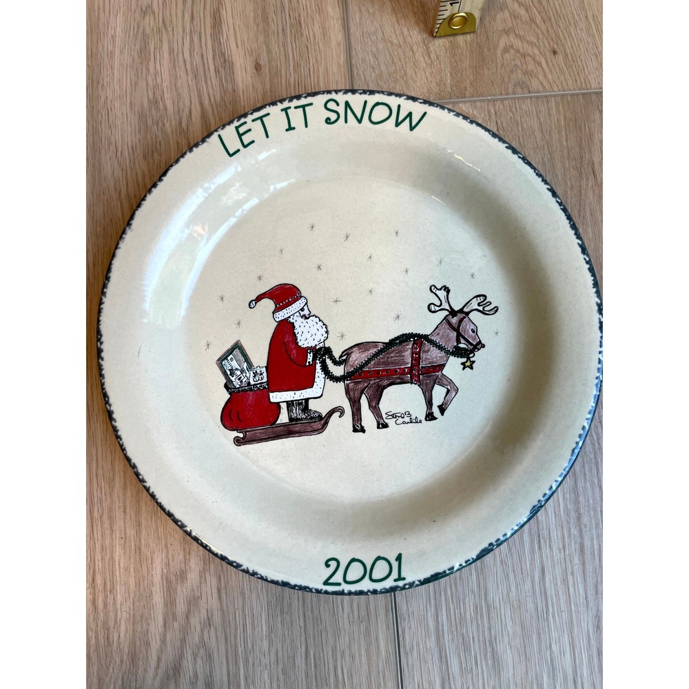 Home Garden Party Let It Snow 2001 Santa Reindeer Stoneware Plate Made in USA